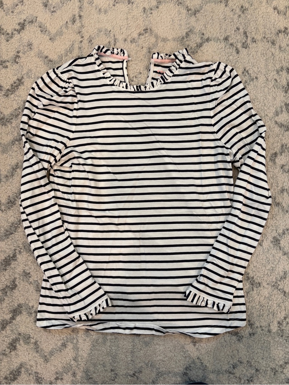Boden Striped White & Black Ruffle Neck Long-Sleeve Top